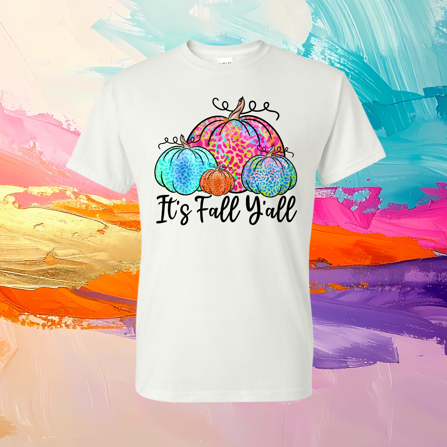 It's Fall Y'all Bright Leopard Pumpkin Design Graphic T-Shirt