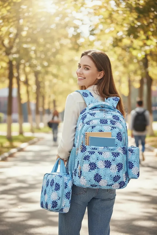 Royal and Baby Blue Daisy Print Girls Backpack Set