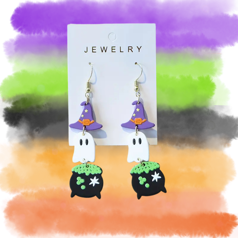 Cute Witch Hat, Ghost Dangle Earrings