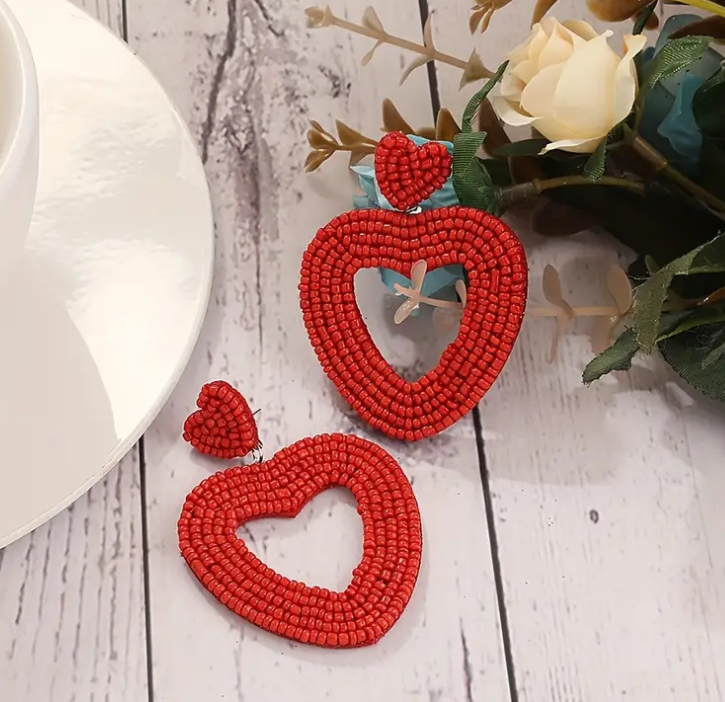 Heart Shape Beaded Dangle Earrings