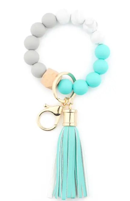 Beaded Bangle Wristlet Keychain with Faux Leather Tassel