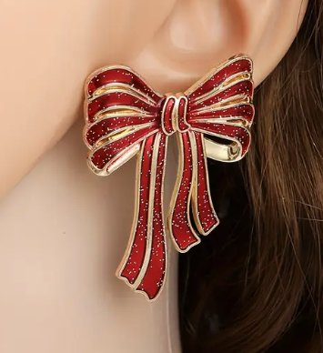 Red Bow Earrings, Alloy with Stainless Steel Posts