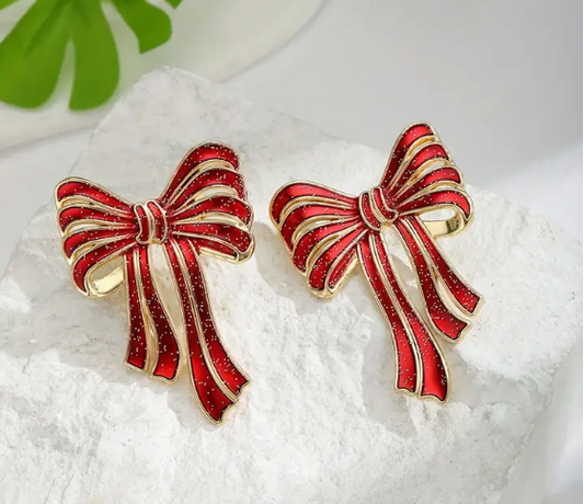 Red Bow Earrings, Alloy with Stainless Steel Posts