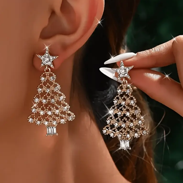 Christmas Rhinestone Dangle Tree Earrings