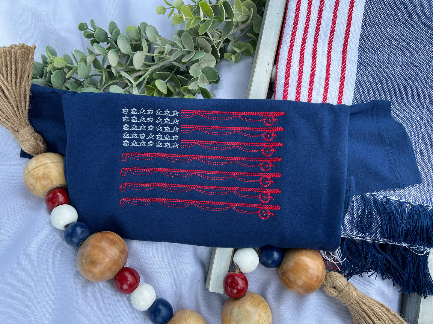 FISHING FLAG PATRIOTIC BOY EMBROIDERED T-SHIRT