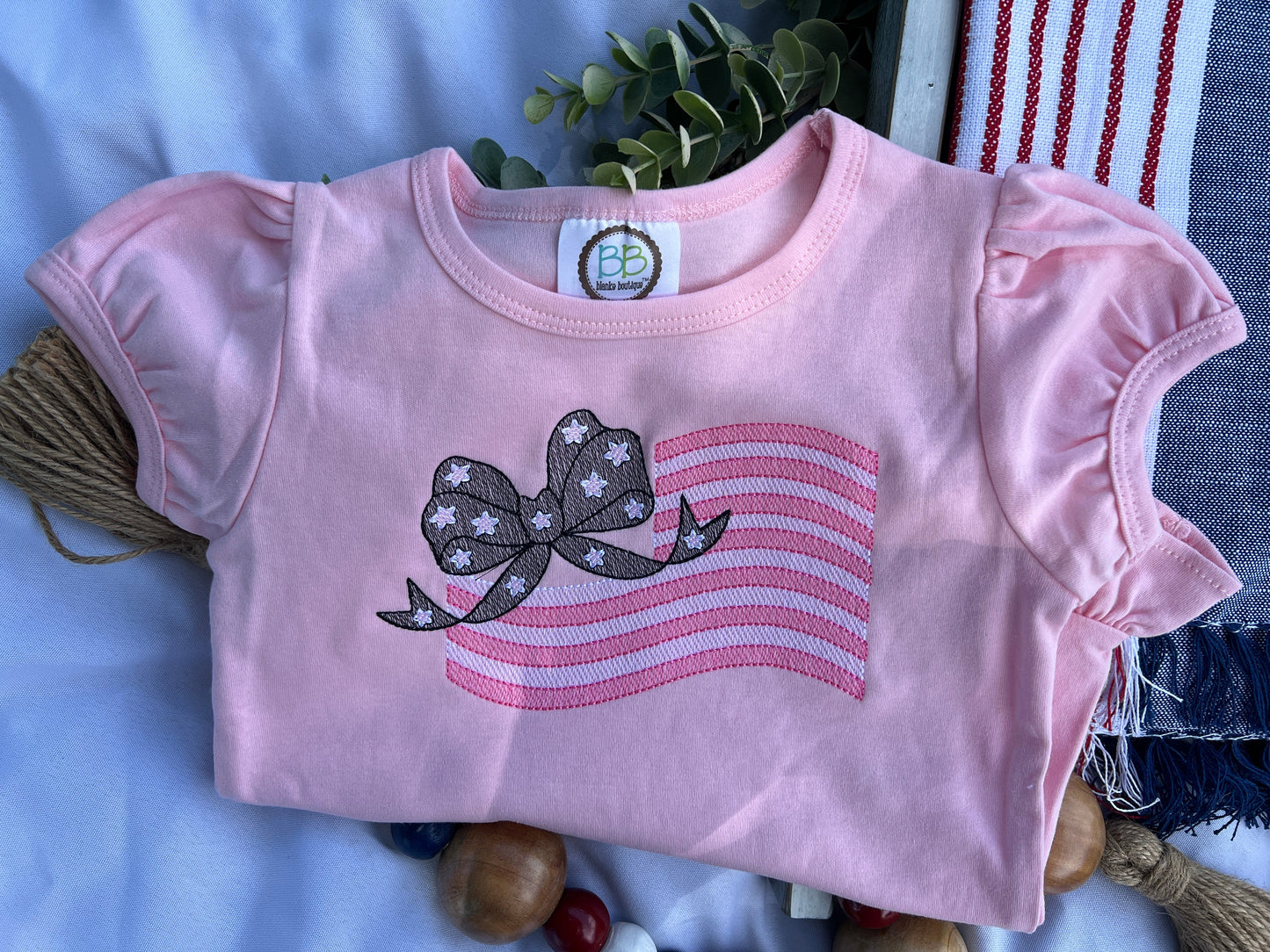 BOW FLAG PATRIOTIC GIRL EMBROIDERED T-SHIRT