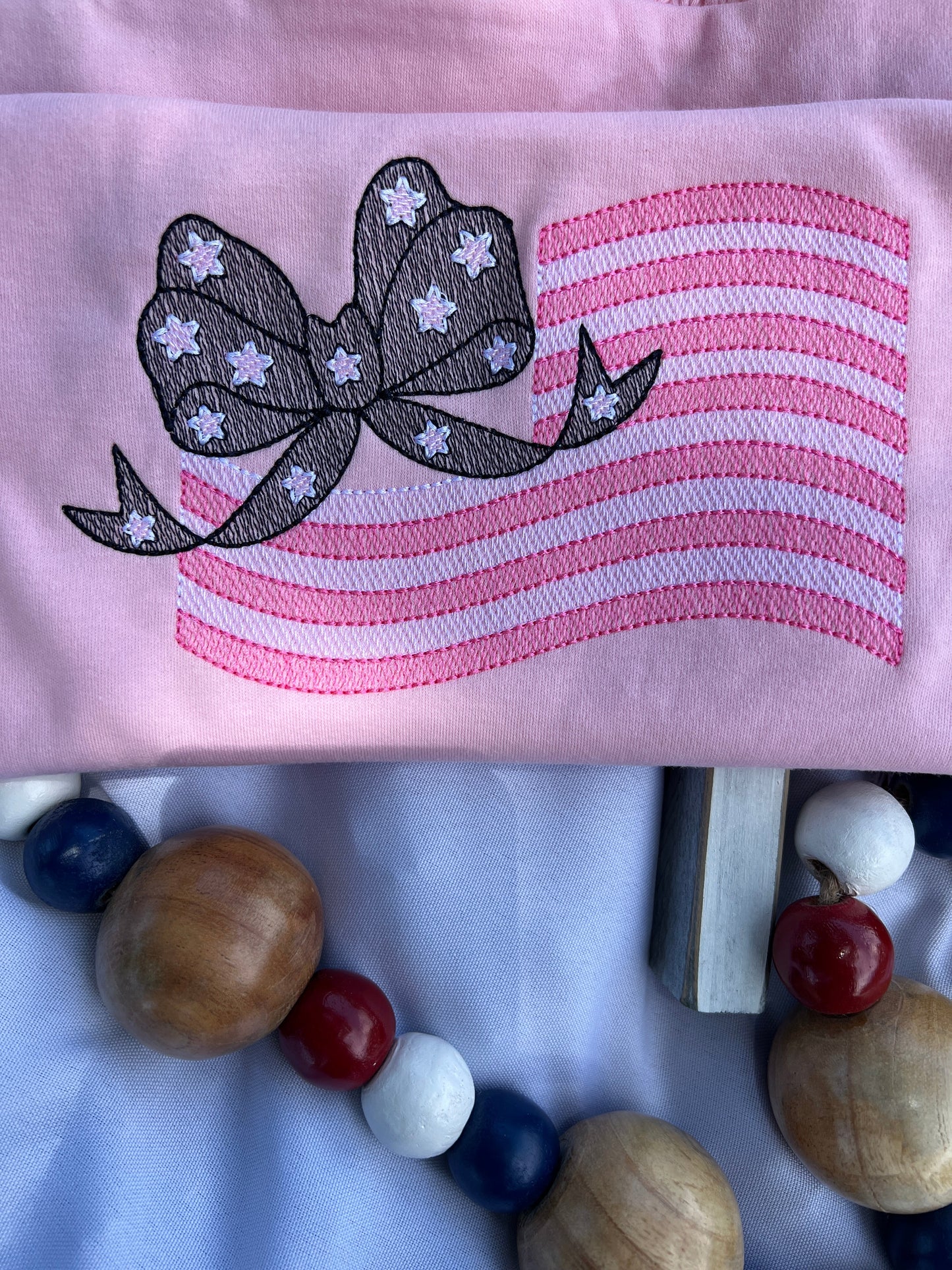 BOW FLAG PATRIOTIC GIRL EMBROIDERED T-SHIRT