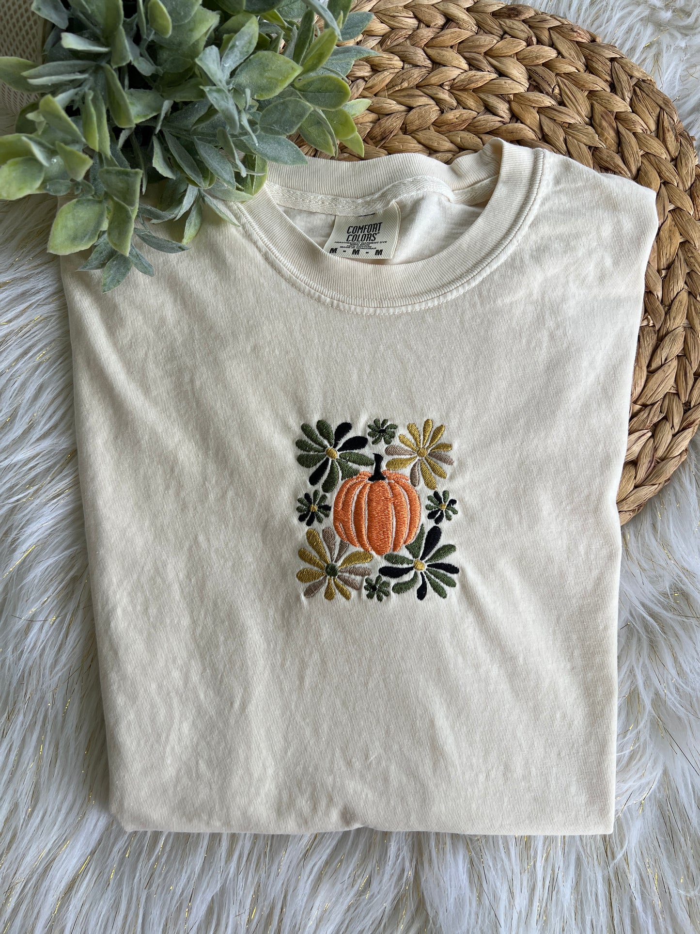 Florals and Pumpkin Boho Design Embroidery T-Shirt