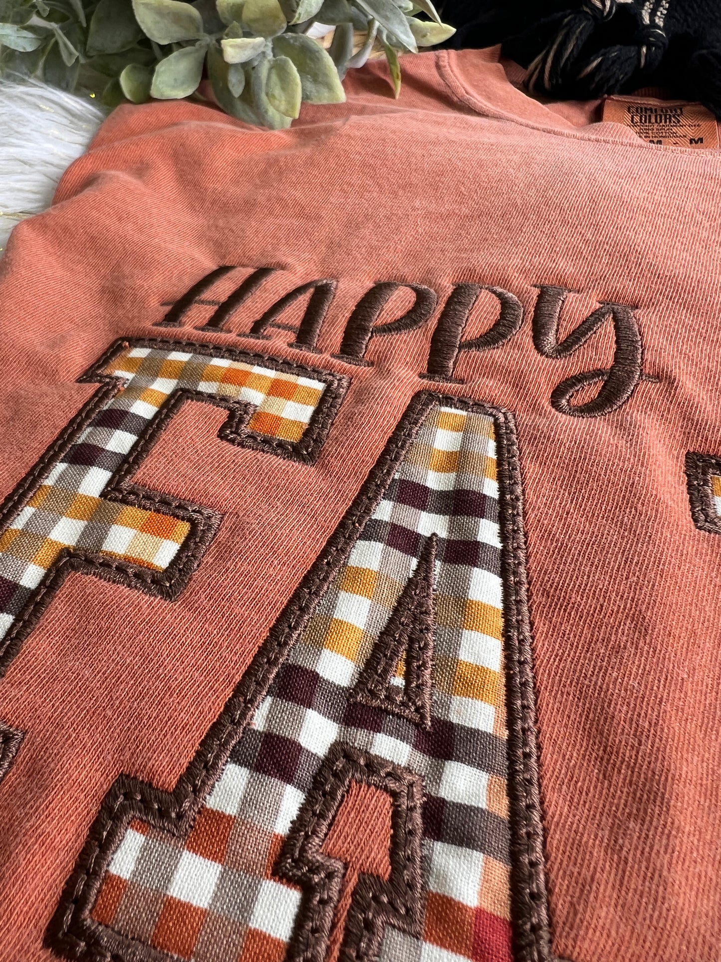 Happy Fall Y'all Fall Stripes Fabric Design Embroidery T-Shirt