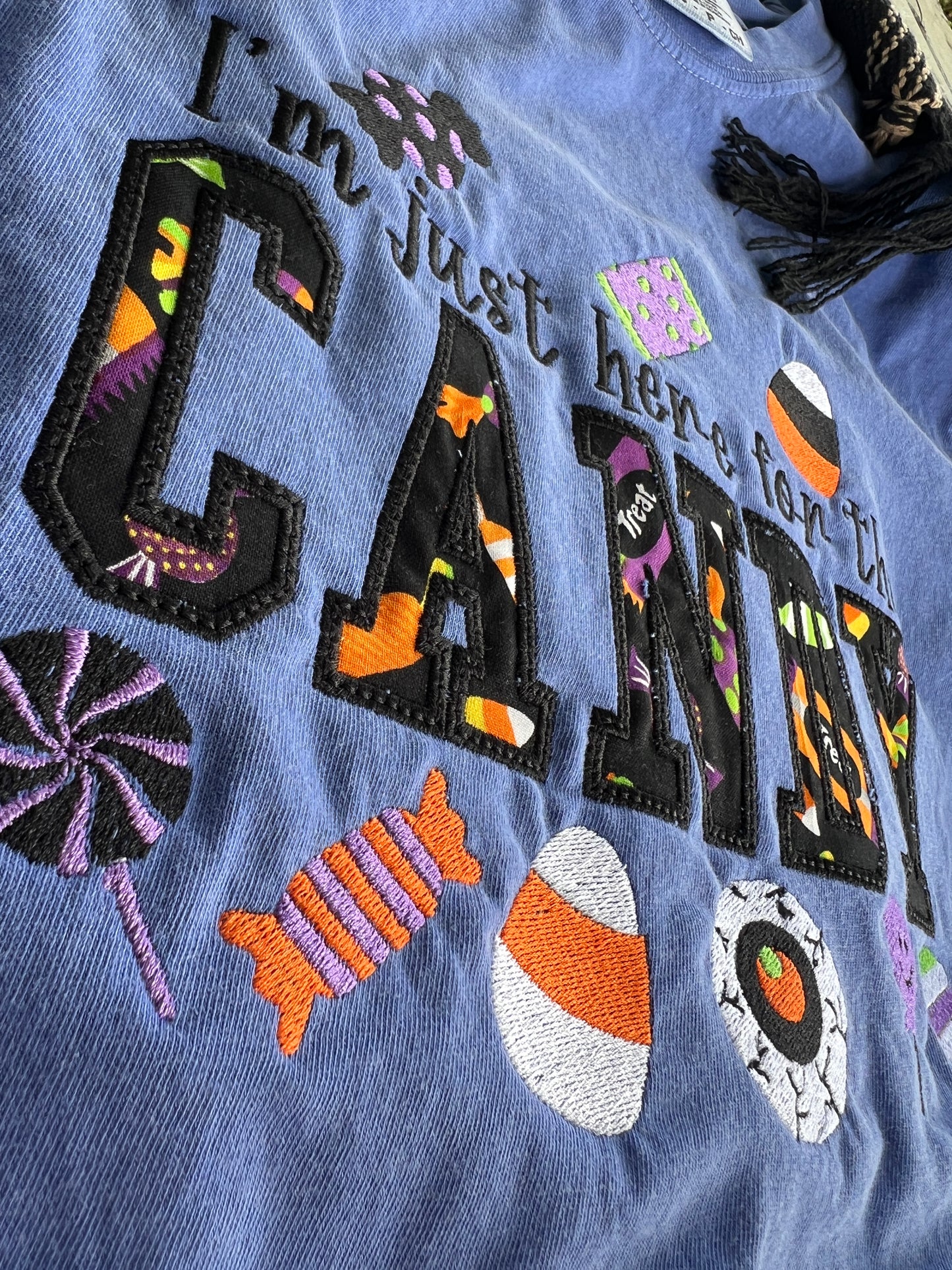 I'm Just Here For The Candy Halloween Candy Fabric Design Embroidery T-Shirt