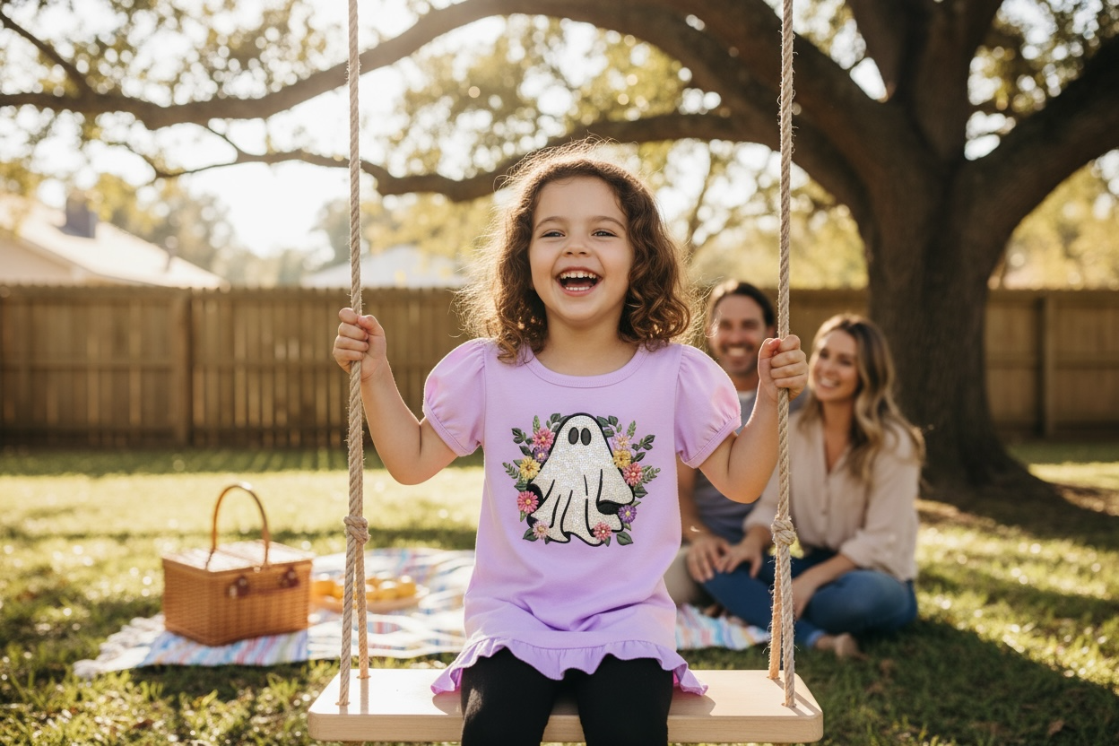 Floral Ghost Embroidery Kids Shirt