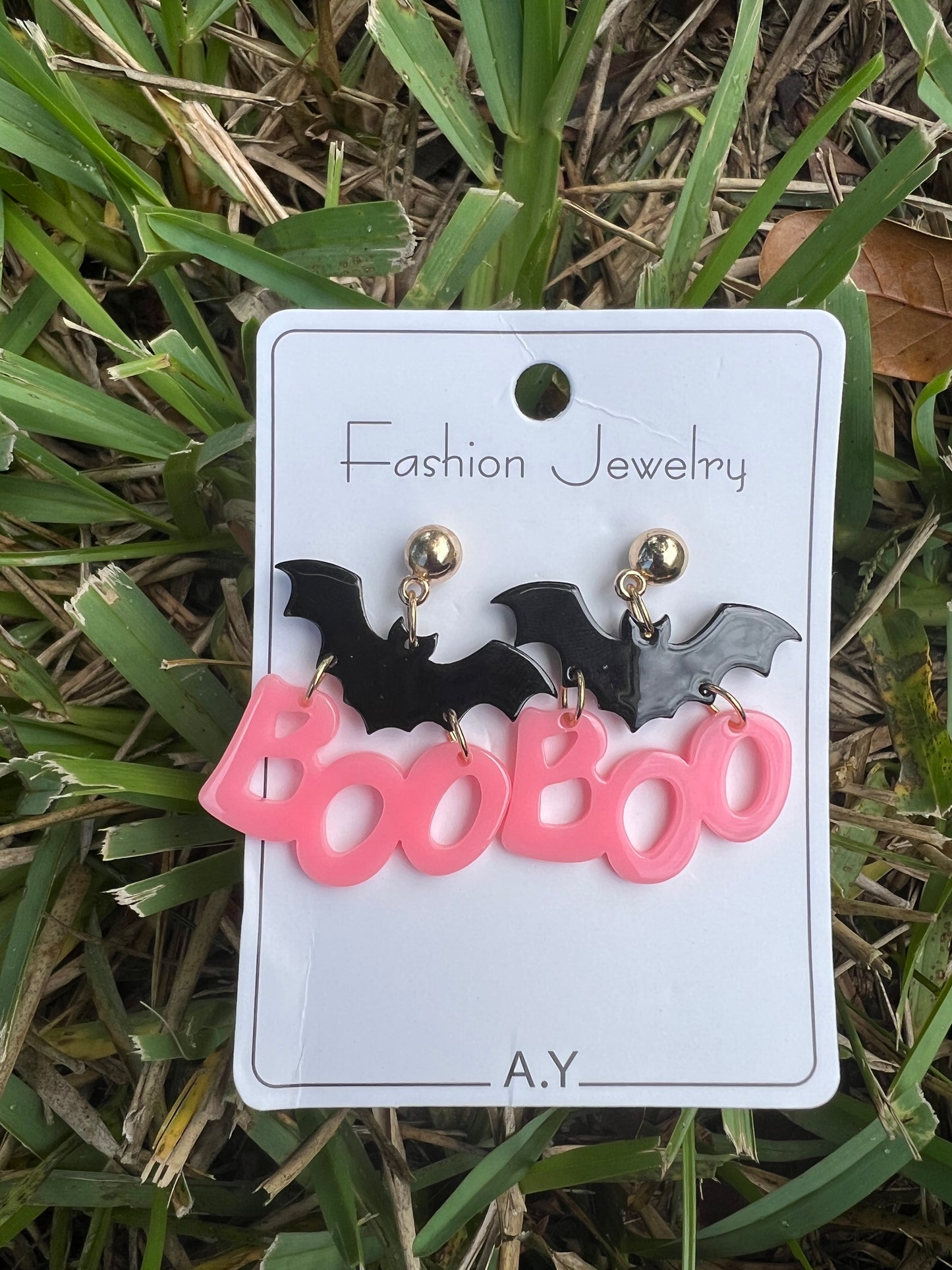 Fashion Dangle Pink Boo Earrings, Bat and Boo Design
