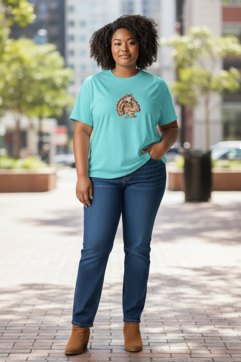 Cute Girly Turkey Embroidered T-Shirt | Pink Bow Thanksgiving Tee | Fall Turkey Shirt | Women's Thanksgiving Outfit