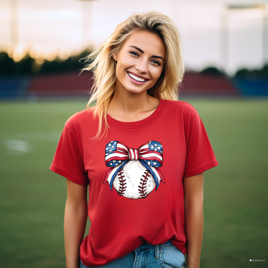AMERICAN FLAG BOW DESIGN/BASEBALL GRAPHIC TEE/COQUETTE BASEBALL DESIGN
