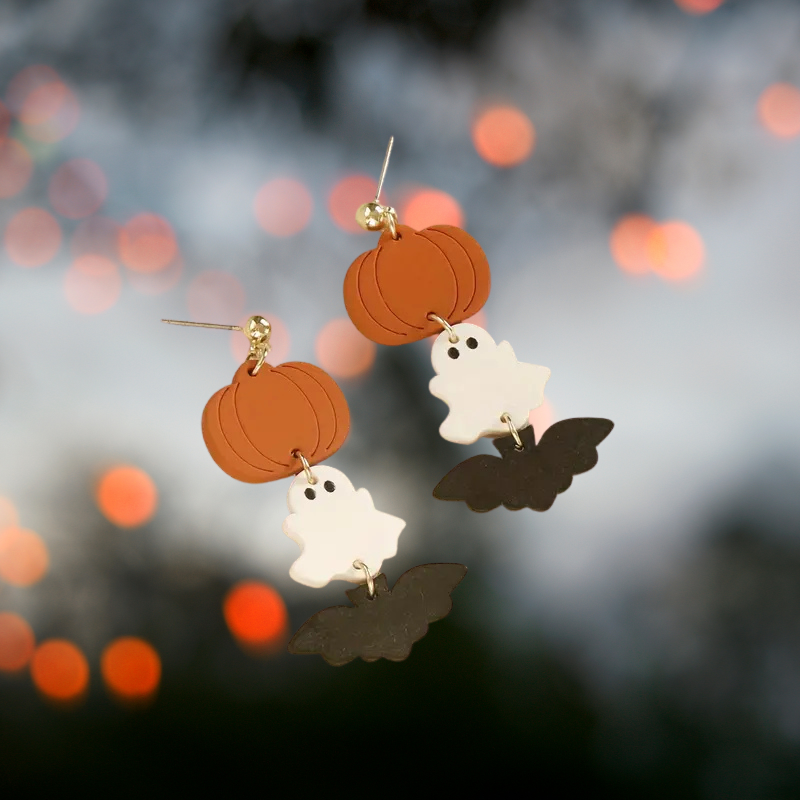 Halloween Ghost Bat Pumpkin Design Dangle Earrings
