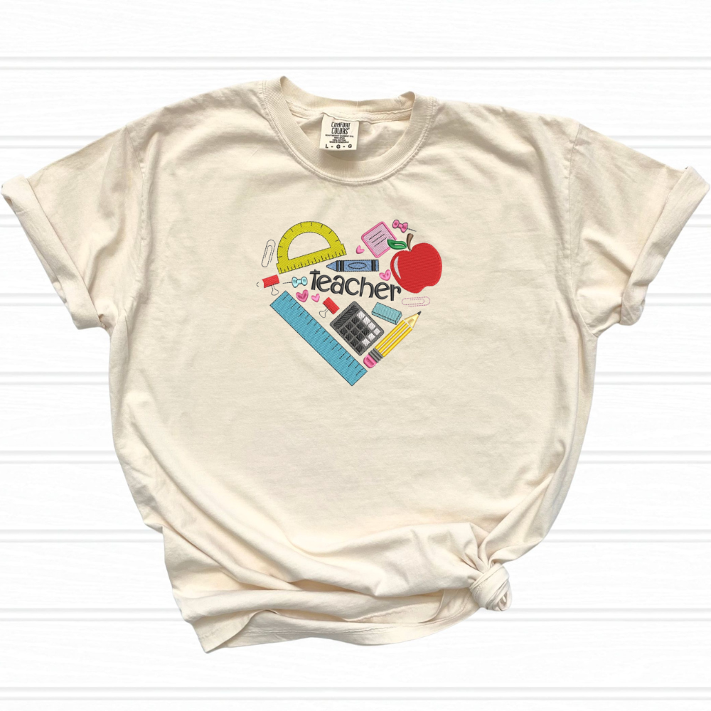 Heart Teacher Embroidery Design, Back to School Embroidery T-Shirt