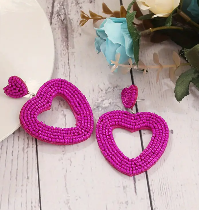Heart Shape Beaded Dangle Earrings
