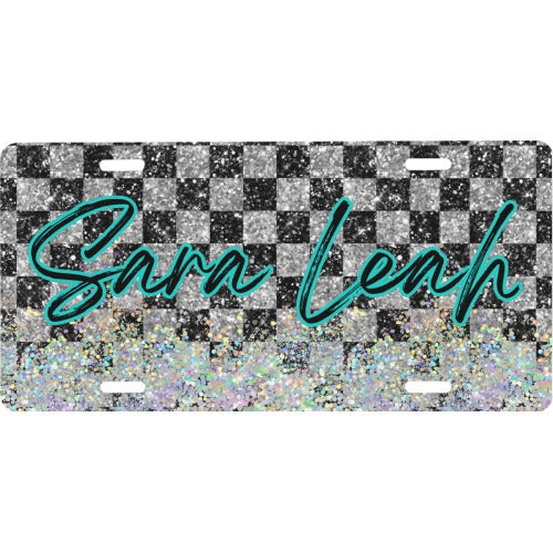 Personalized Checkered Flag Design/Faux Glitter/ Car Tag/ License Plate