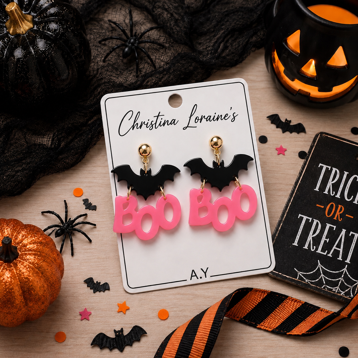 Pink "BOO" Bat Acrylic Halloween Earrings