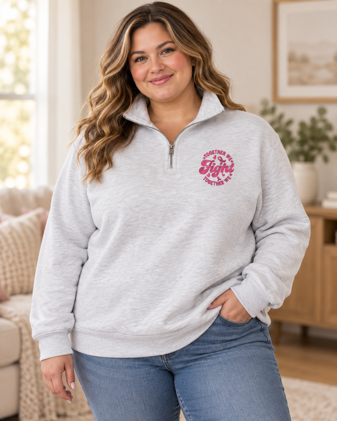 Together We Fight Pink Ribbon Embroidery Design, Cancer Embroidery Trendy Embroidery Quarter Zip Fleece Pullover