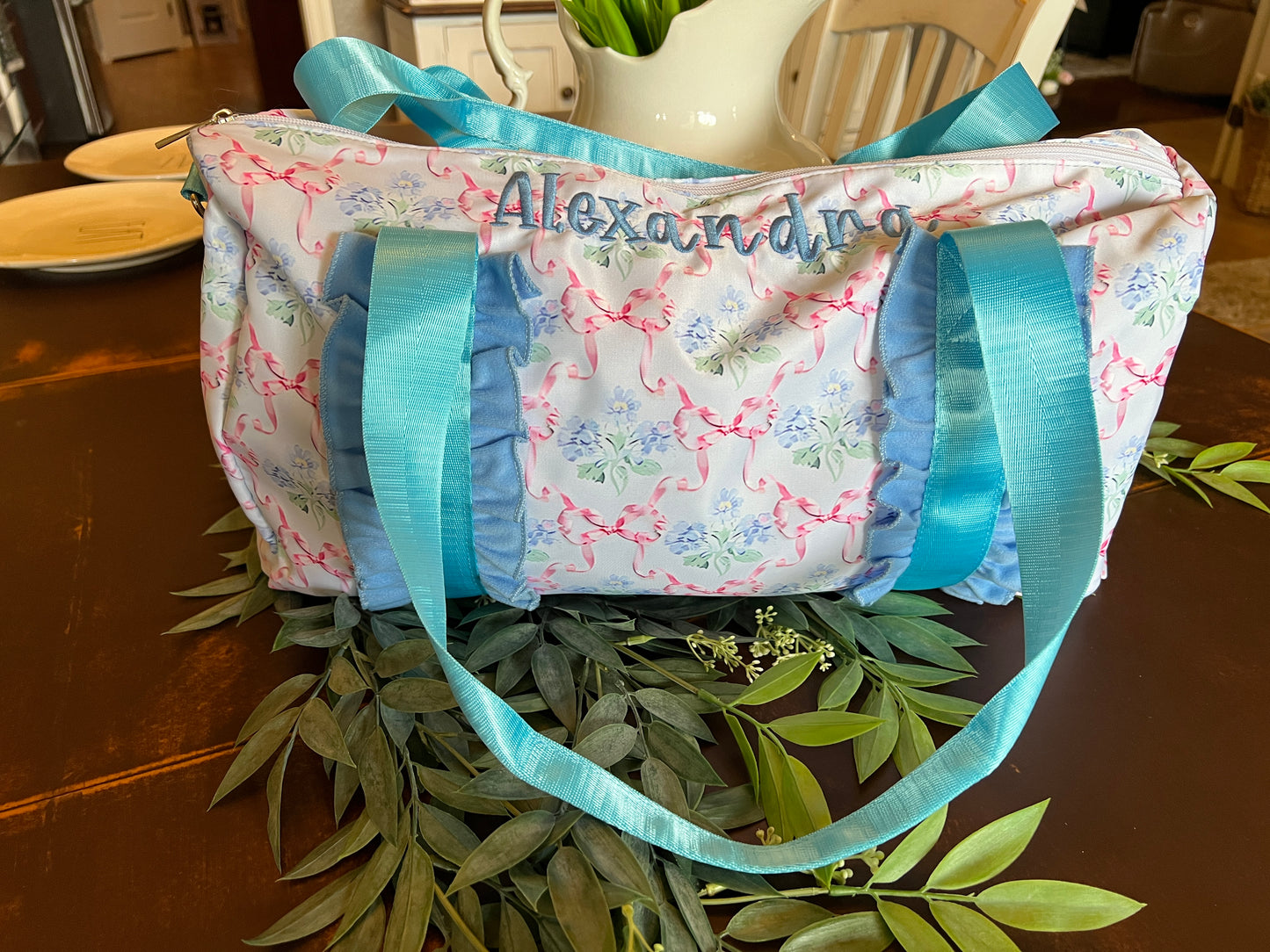 Coquette Bow and Hydrangea Duffle Bag/Personalize It