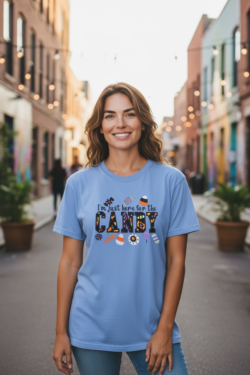 I'm Just Here For The Candy Halloween Candy Fabric Design Embroidery T-Shirt