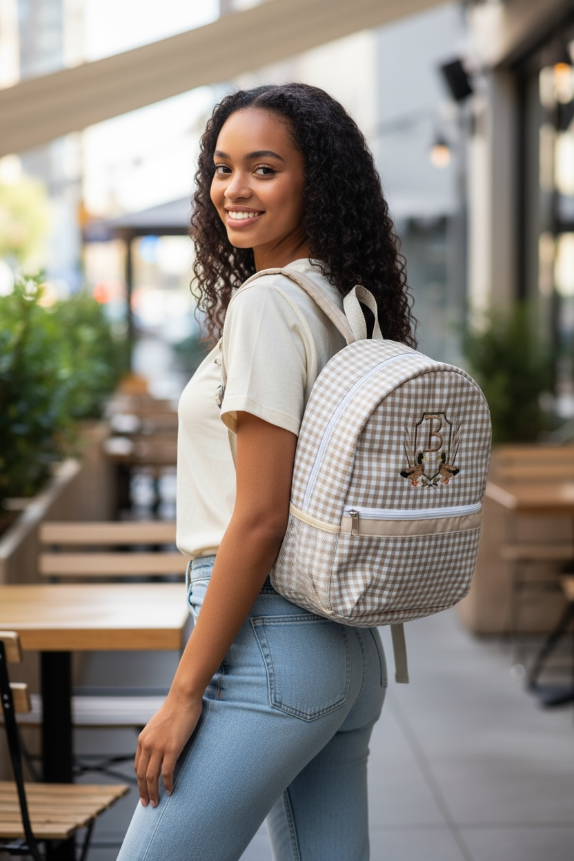 Khaki Gingham Backpack/Personalize It/NEW Embroidery Crest Frame Designs
