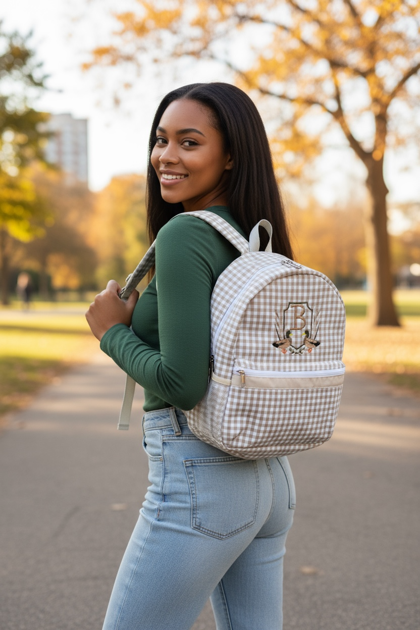 Khaki Gingham Backpack/Personalize It/NEW Embroidery Crest Frame Designs