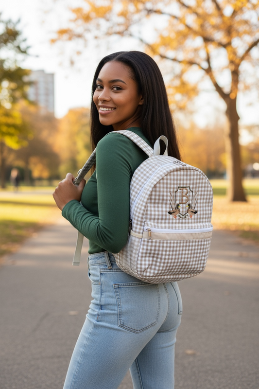 Khaki Gingham Backpack/Personalize It/NEW Embroidery Crest Frame Designs