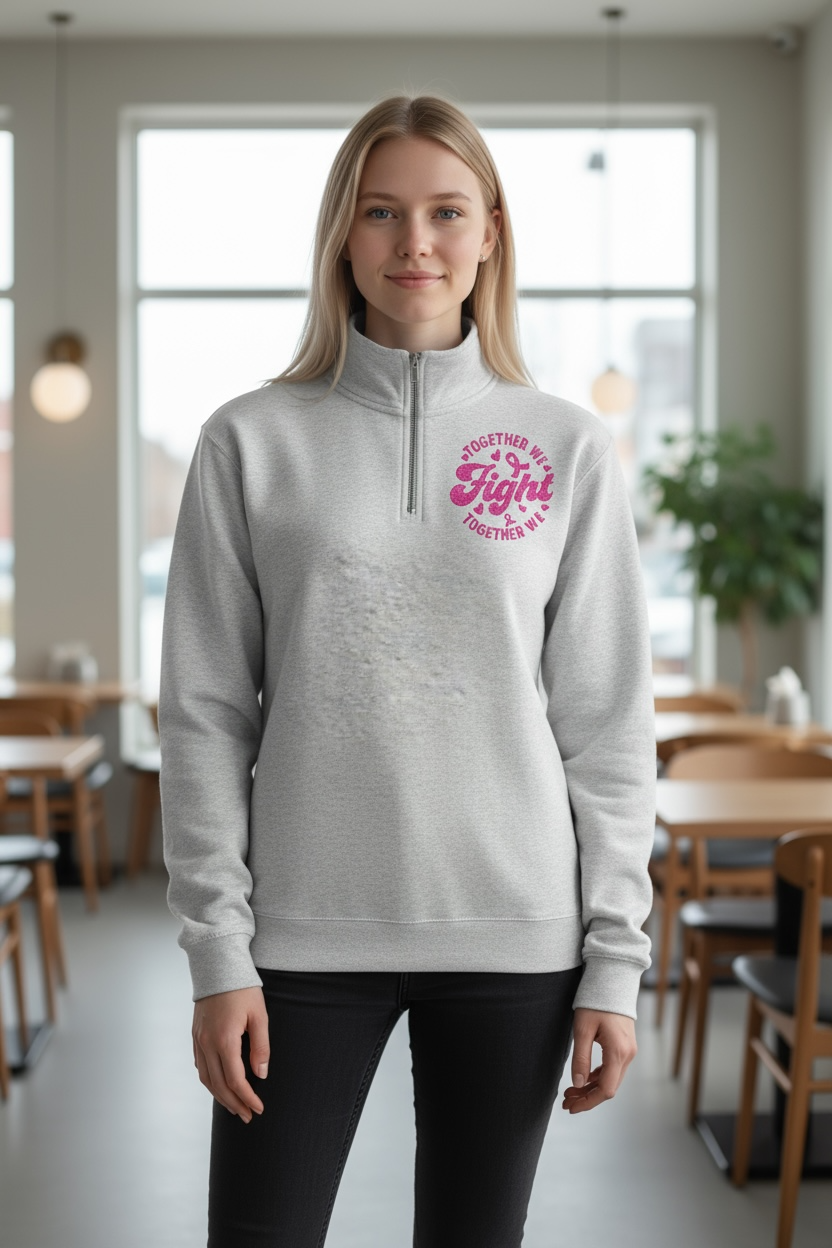 Together We Fight Pink Ribbon Embroidery Design, Cancer Embroidery Trendy Embroidery Quarter Zip Fleece Pullover