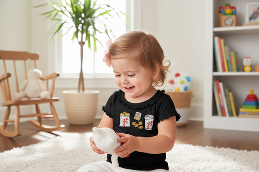 BLACK EMBROIDERY FRIES, NUGGETS AND SHAKE RUFFLE GIRLS SHIRT