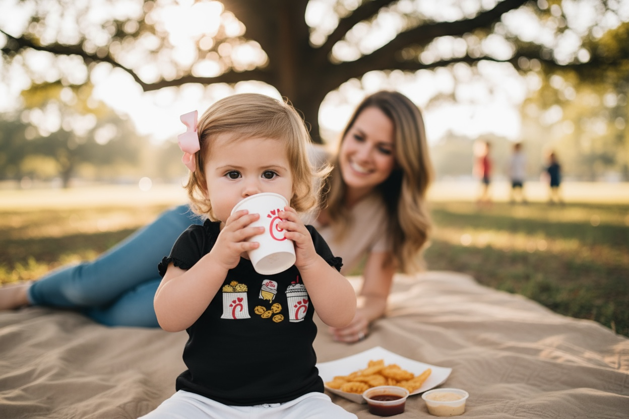 BLACK EMBROIDERY FRIES, NUGGETS AND SHAKE RUFFLE GIRLS SHIRT