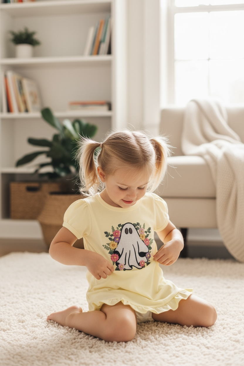Floral Ghost Embroidery Kids Shirt