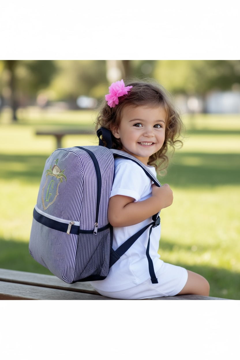 Navy Seersucker Backpack/Personalize It/NEW Embroidery Crest Frame Designs