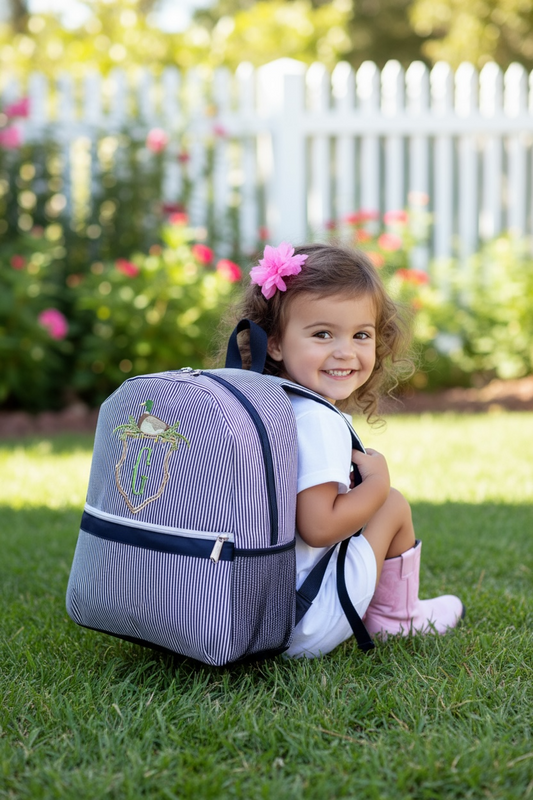 Navy Seersucker Backpack/Personalize It/NEW Embroidery Crest Frame Designs