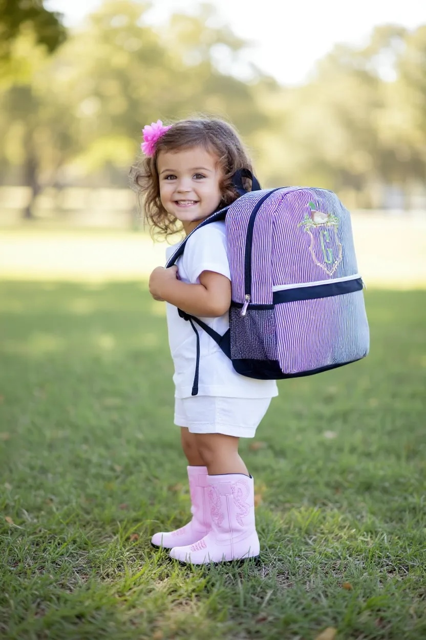 Navy Seersucker Backpack/Personalize It/NEW Embroidery Crest Frame Designs