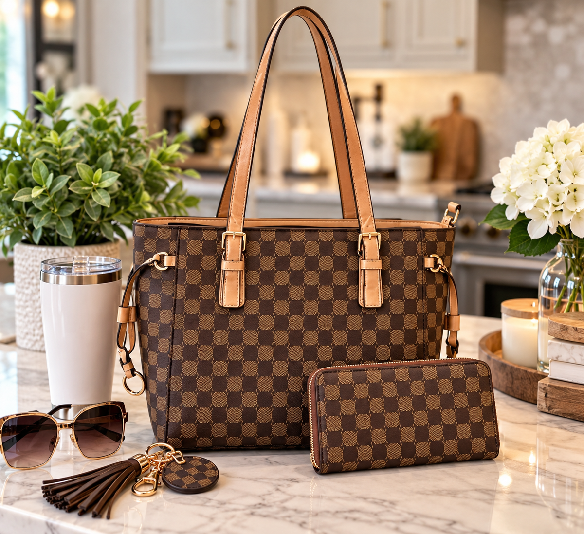 Women's Brown Checkered Tote Handbag & Matching Wallet Set | 2-Piece Fashion Purse Set