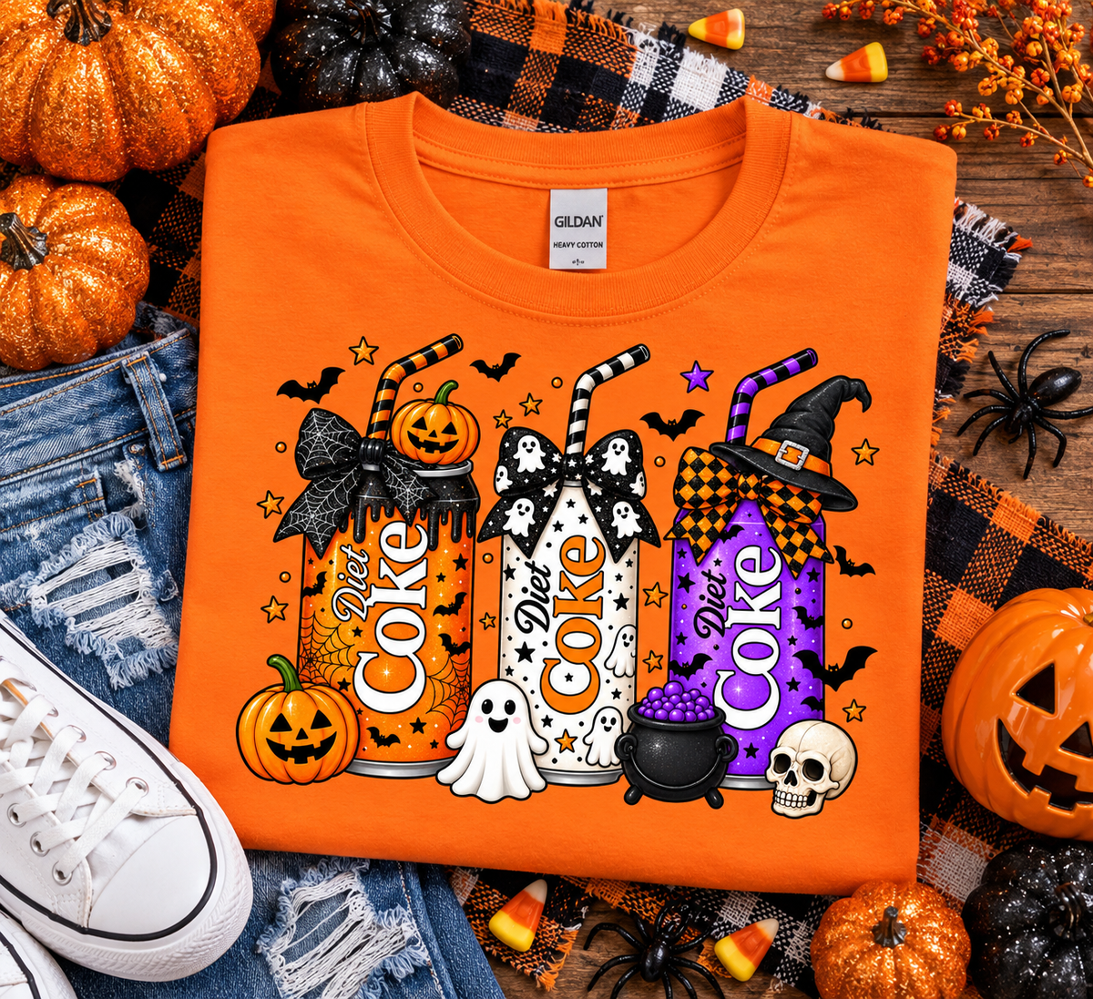 Halloween Diet Soda Graphic T-Shirt | Spooky Pumpkin & Ghost Design | Orange Gildan Tee