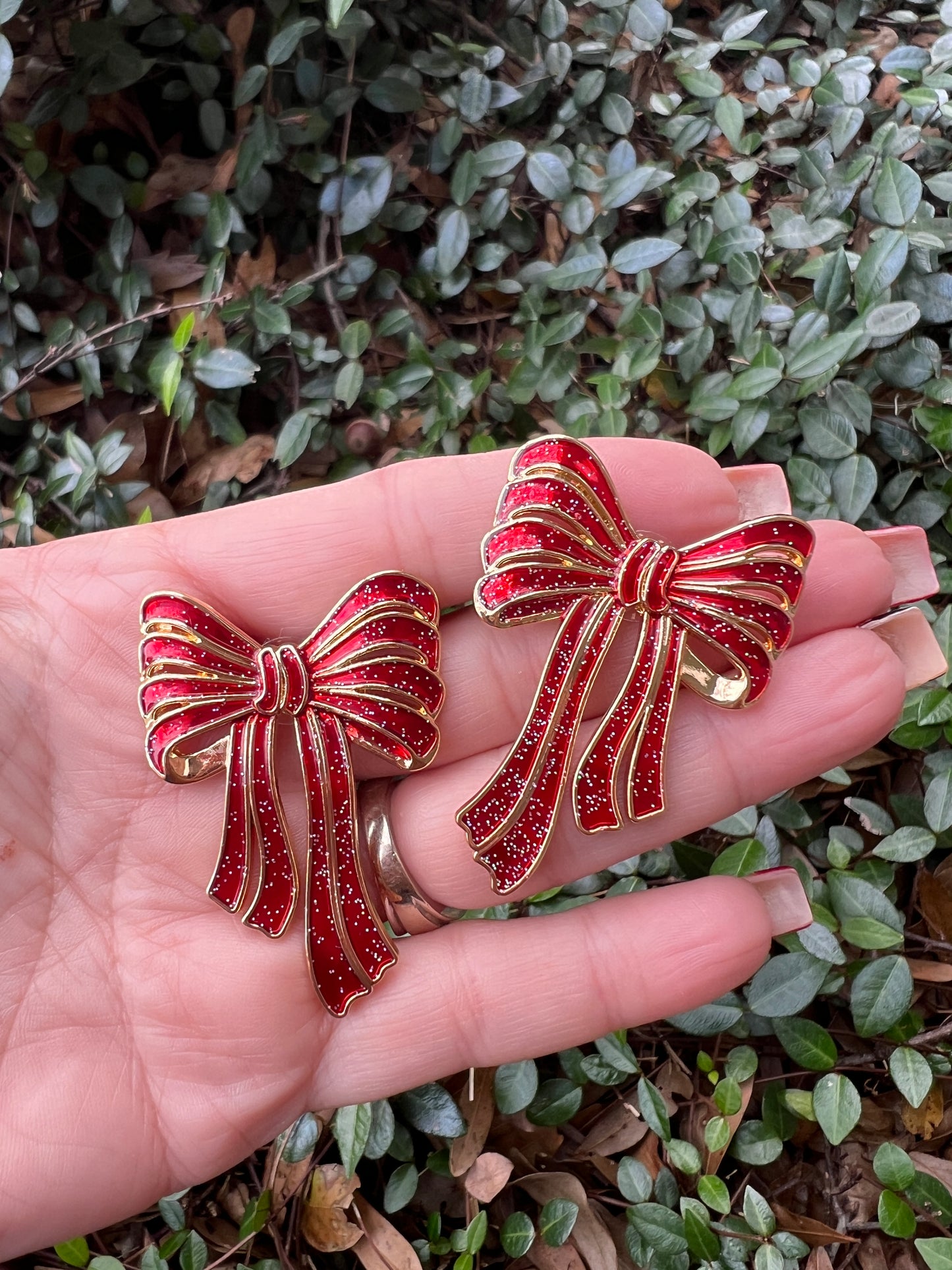 Red Bow Earrings, Alloy with Stainless Steel Posts