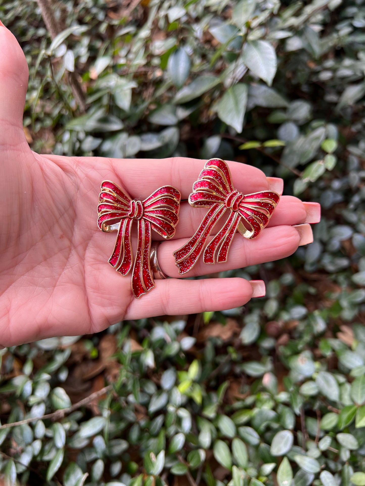 Red Bow Earrings, Alloy with Stainless Steel Posts
