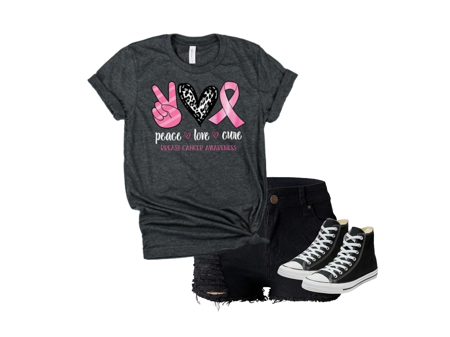 PEACE,LOVE,CURE (Pink Ribbon Design) T-Shirt