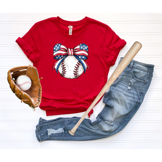 AMERICAN FLAG BOW DESIGN/BASEBALL GRAPHIC TEE/COQUETTE BASEBALL DESIGN
