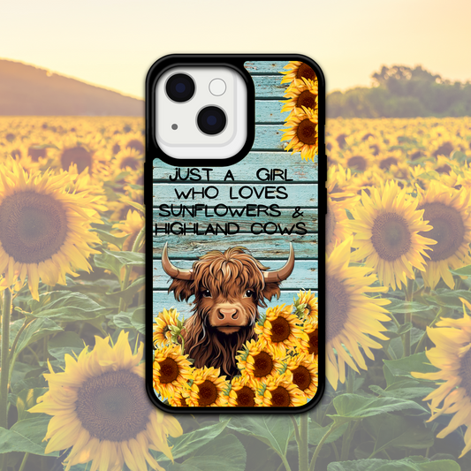 Just A Girl Who Loves Sunflowers And Highland Cows/ Cow/Heifer/Design phone Case/ Cover/Compatible with iPhones & Samsung/Personalize It!