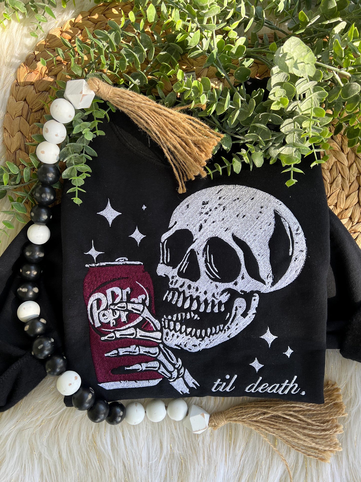 Til Death/Skull With Soda Embroidered Design Crewneck Sweatshirt