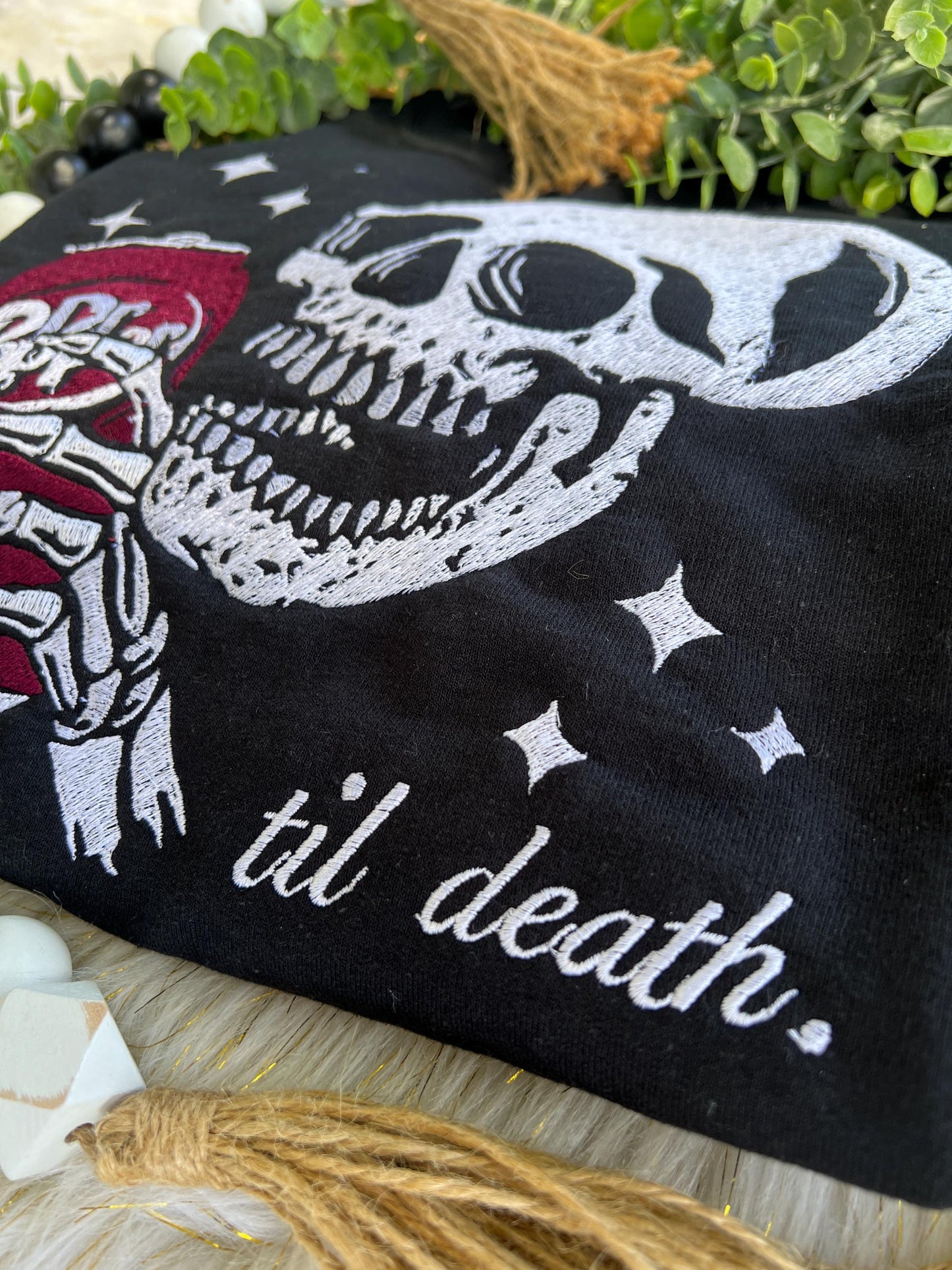 Til Death/Skull With Soda Embroidered Design Crewneck Sweatshirt