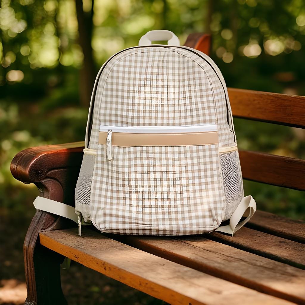 Khaki Gingham Backpack/Personalize It