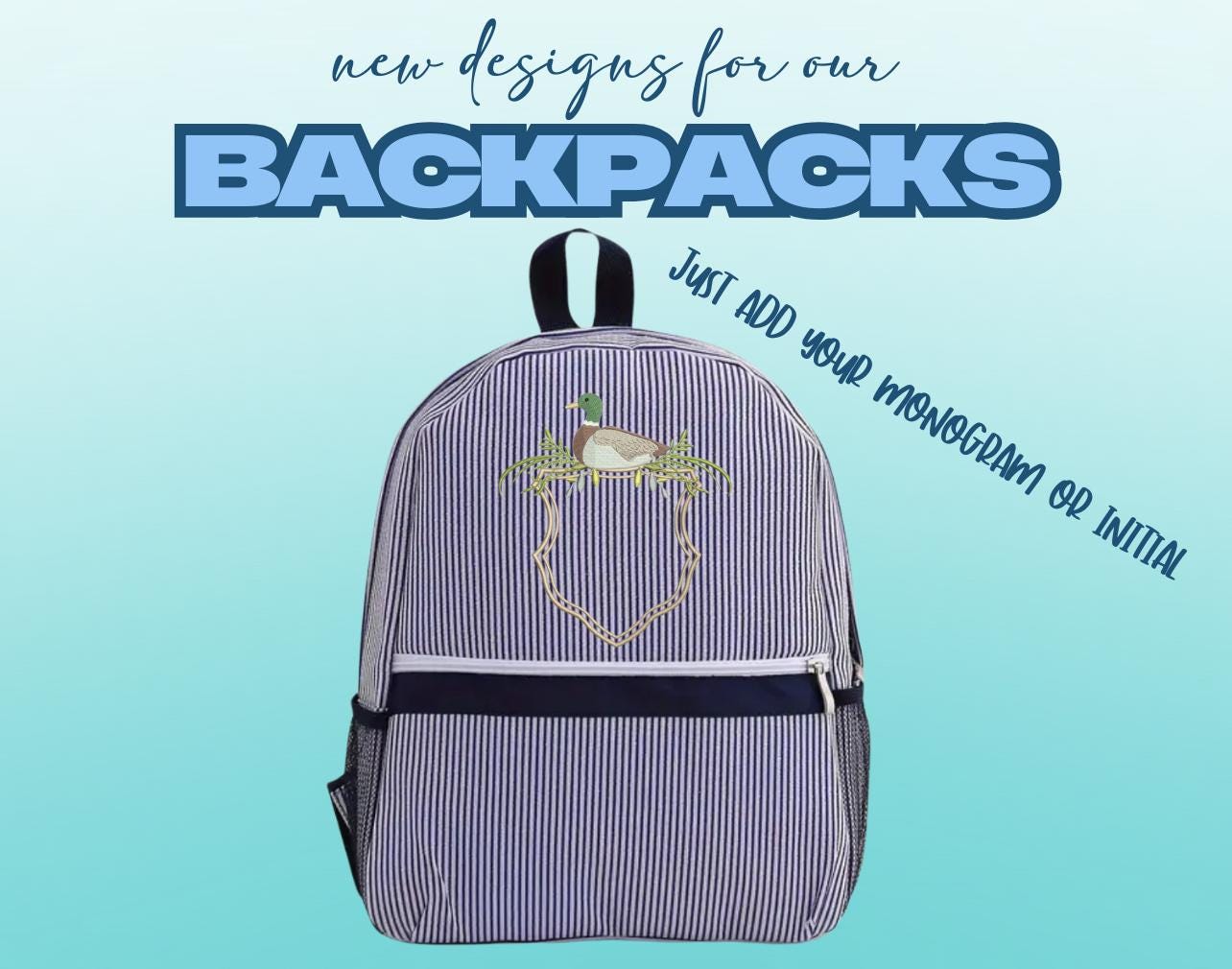 Navy Seersucker Backpack/Personalize It