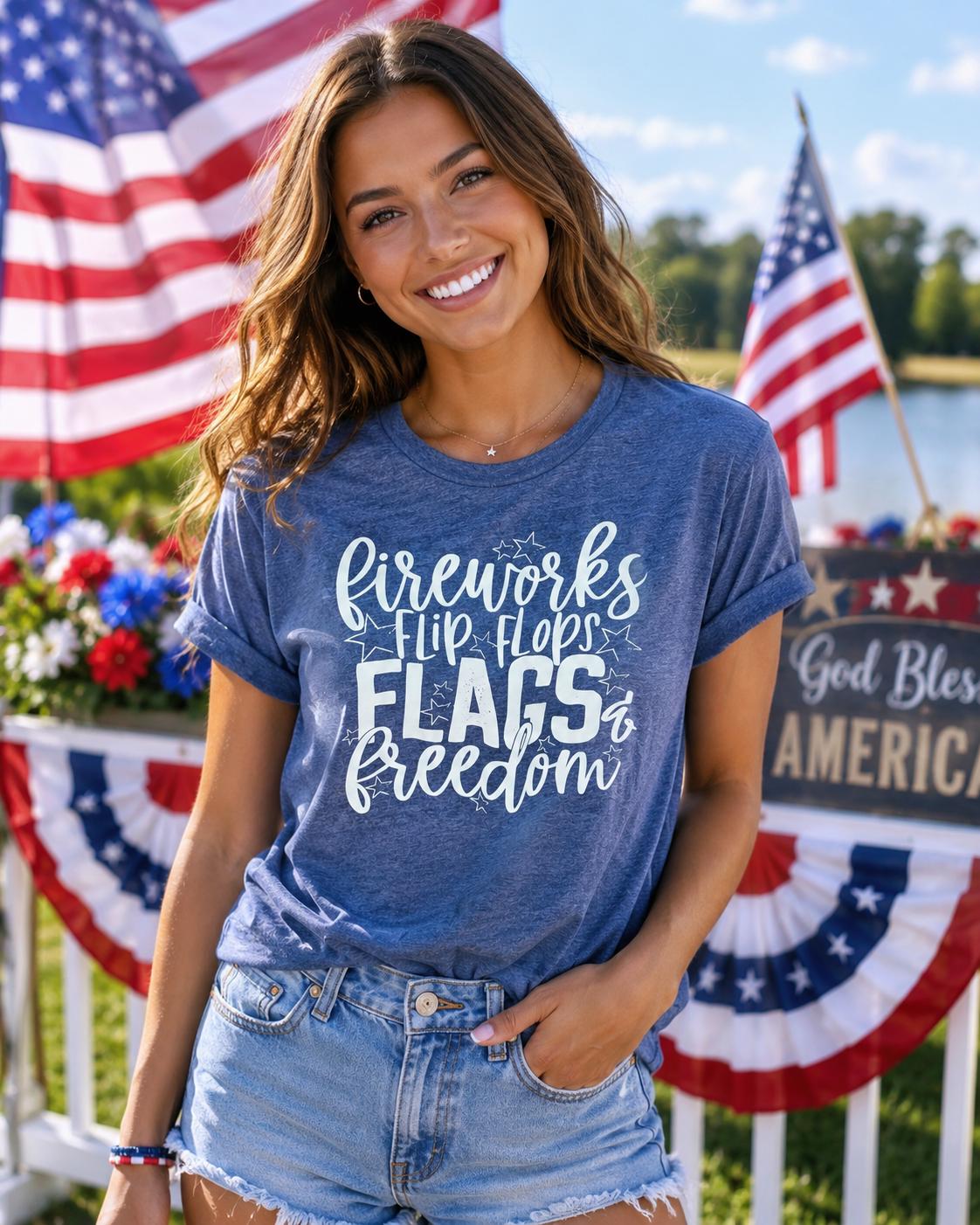 Fireworks, Flipflops, Flags & Freedom Ladies T-Shirt