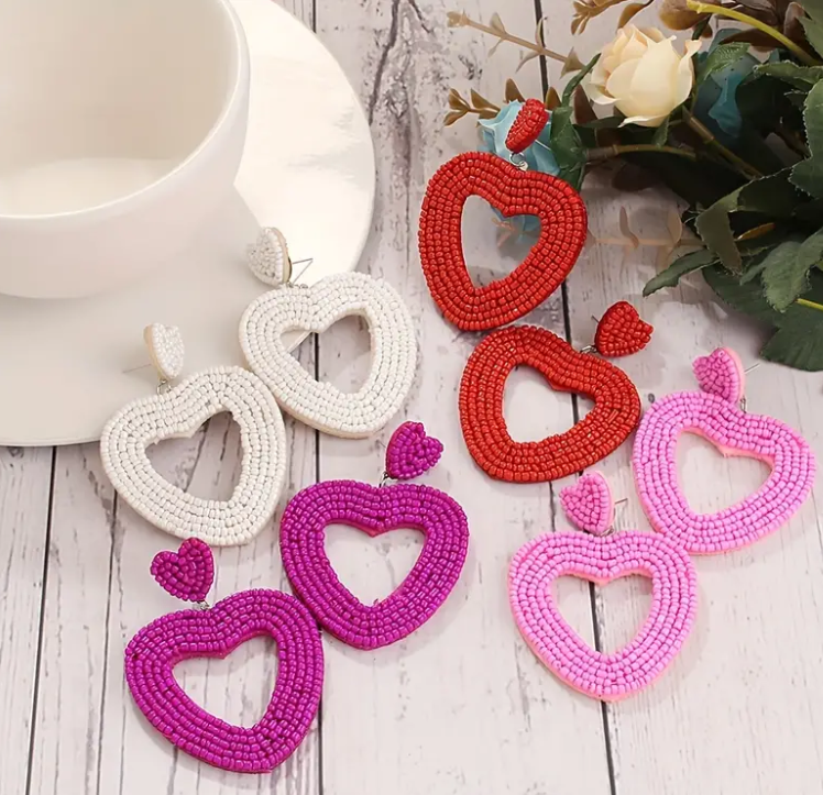 Heart Shape Beaded Dangle Earrings