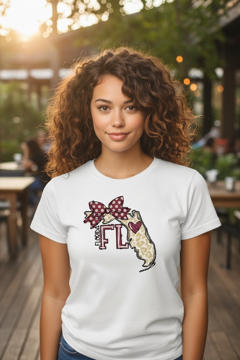 Preppy Garnet and Gold/ Gameday State of Florida design/ladies graphic T-Shirt